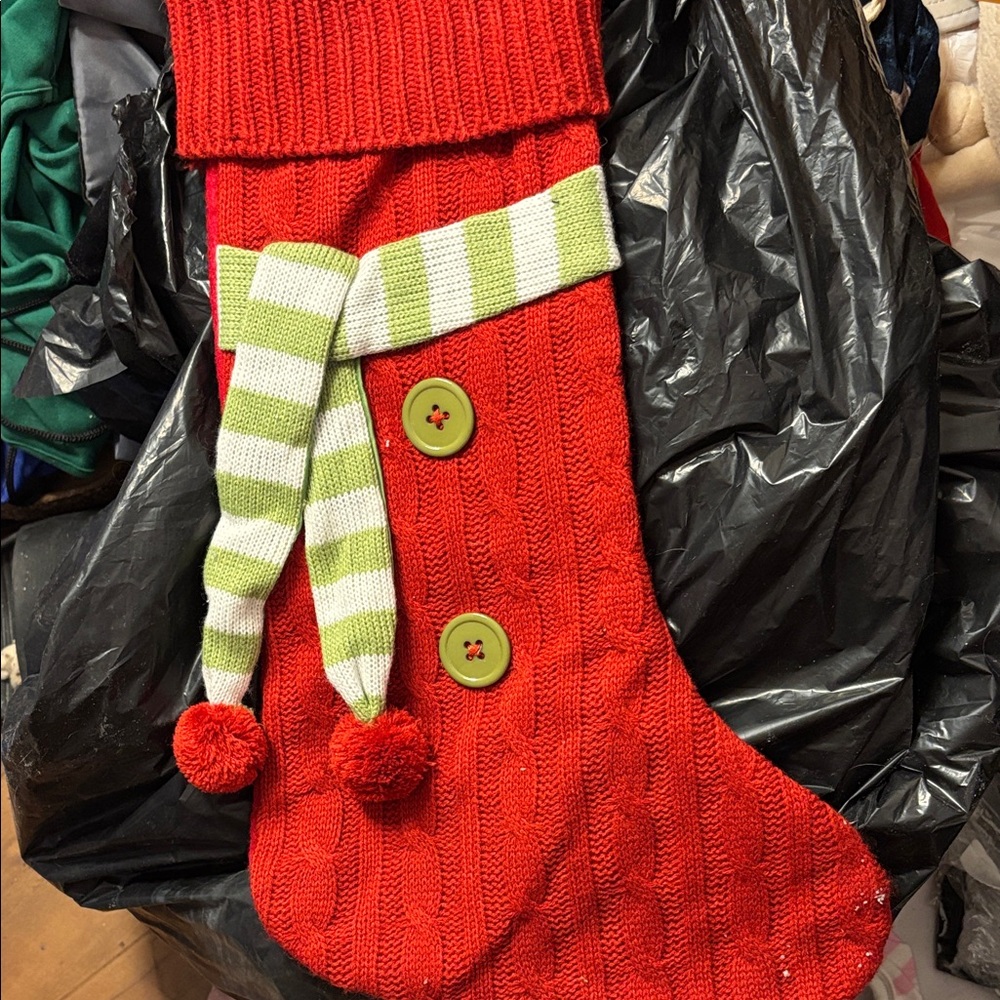 Red Knit Christmas Stocking with Green Striped Scarf